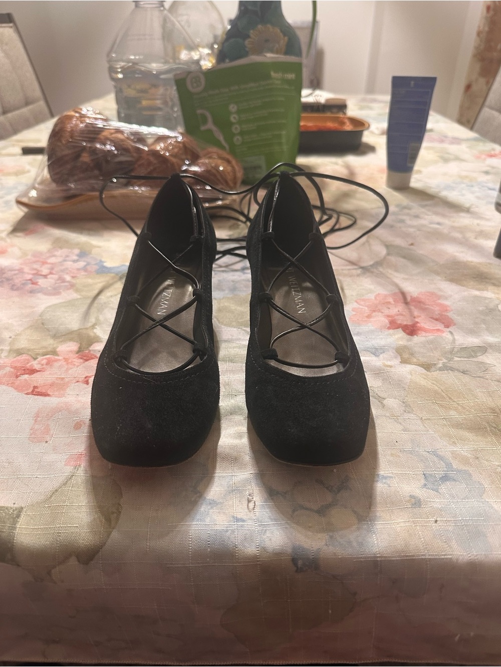 Stuart Weitzman Black Suede Lace-Up Square Toe Heels